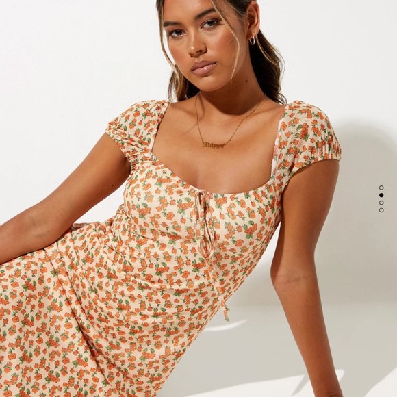 MOTEL ROCKS ORANGE FLORAL MESH MIDI DRESS. SIZE M. WORN ONCE - Picture 8 of 11